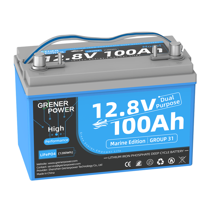 GrenerPower 12.8V 100Ah HP Dual Purpose Marine Starting LiFePO4 Battery, Built-in 200A BMS, Max. 2560W Power, 12V100Ah Lithium Battery with Up to 15000 Cycles, 10 Years Lifespan for Outboard Motor, Marine, Boat, RVs, Camping, Solar Off-Grid.