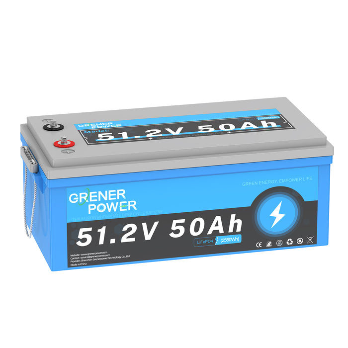 GrenerPower 48V (51.2V) 50Ah LiFePO4 Lithium Battery, 2560Wh Energy, Built-in 100A BMS