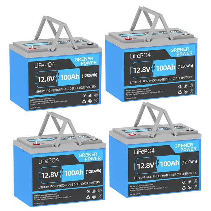 GrenerPower 12V(12.8V) 100Ah Group 24 LiFePO4 Lithium Battery, Built-in 100A BMS, 1280Wh Energy (1-4 Pack Series)