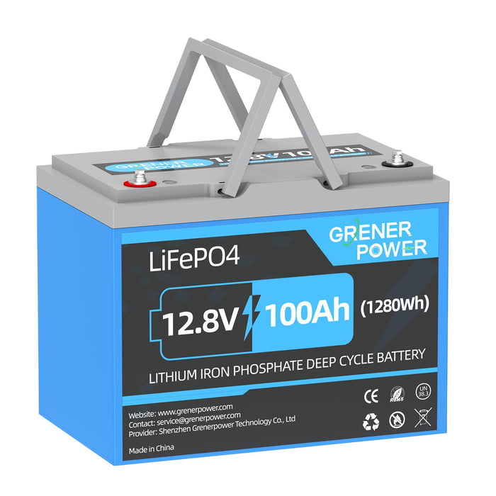 GrenerPower 12V(12.8V) 100Ah Group 24 LiFePO4 Lithium Battery, Built-in 100A BMS, 1280Wh Energy (1-4 Pack Series)