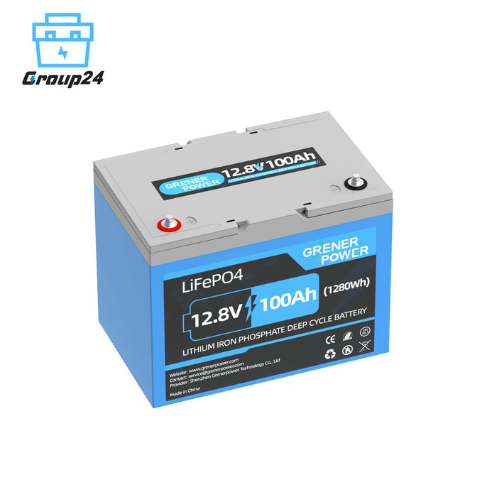 GrenerPower 12V(12.8V) 100Ah Group 24 LiFePO4 Lithium Battery, Built-in 100A BMS, 1280Wh Energy (1-4 Pack Series)