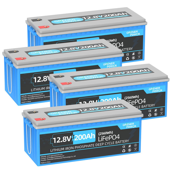 GrenerPower 12V(12.8V) 200Ah LiFePO4 Lithium Battery, 100A BMS, Deep Cycle Battery (1-4 Pack Series)