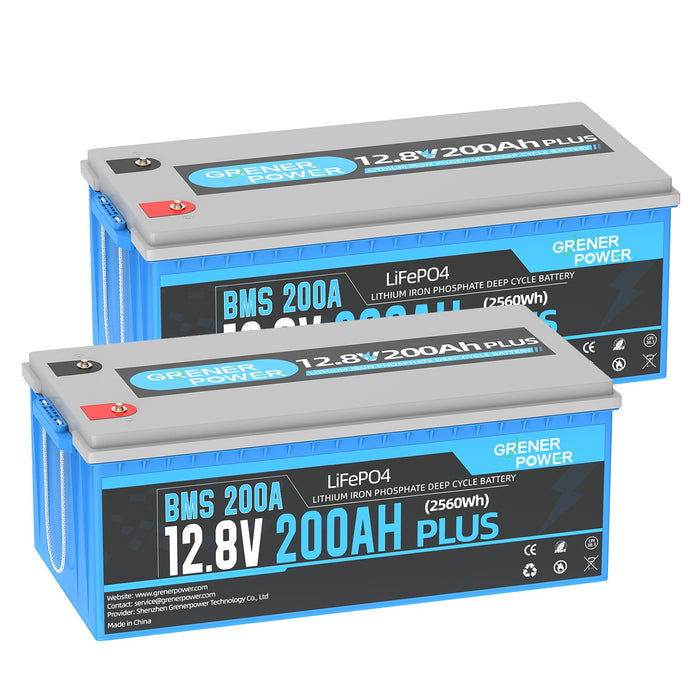 GrenerPower 12V(12.8V) 200Ah Plus LiFePO4 Lithium Battery, Built-in 200A BMS, 2560W Load Power (1-4 Pack Series)