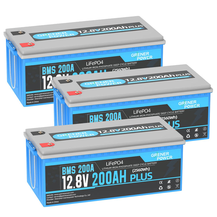 GrenerPower 12V(12.8V) 200Ah Plus LiFePO4 Lithium Battery, Built-in 200A BMS, 2560W Load Power (1-4 Pack Series)