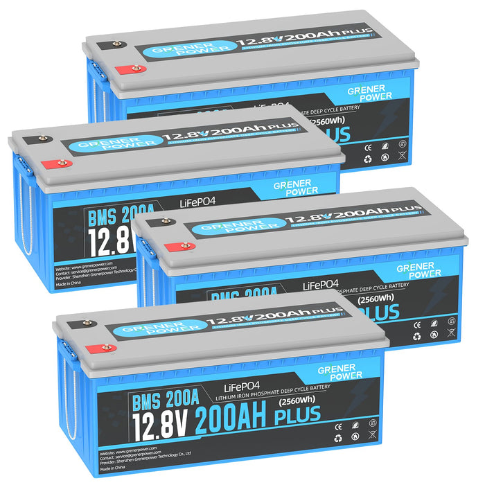 GrenerPower 12V(12.8V) 200Ah Plus LiFePO4 Lithium Battery, Built-in 200A BMS, 2560W Load Power (1-4 Pack Series)