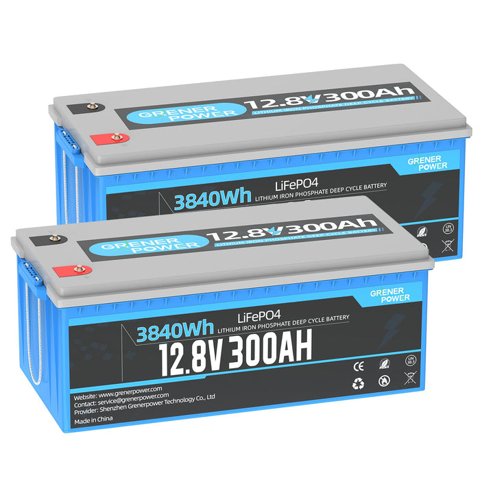 GrenerPower 12V(12.8V) 300Ah LiFePO4 Lithium Battery, Built-in 200A BMS, 3840W Load Power (1-4 Pack Series)