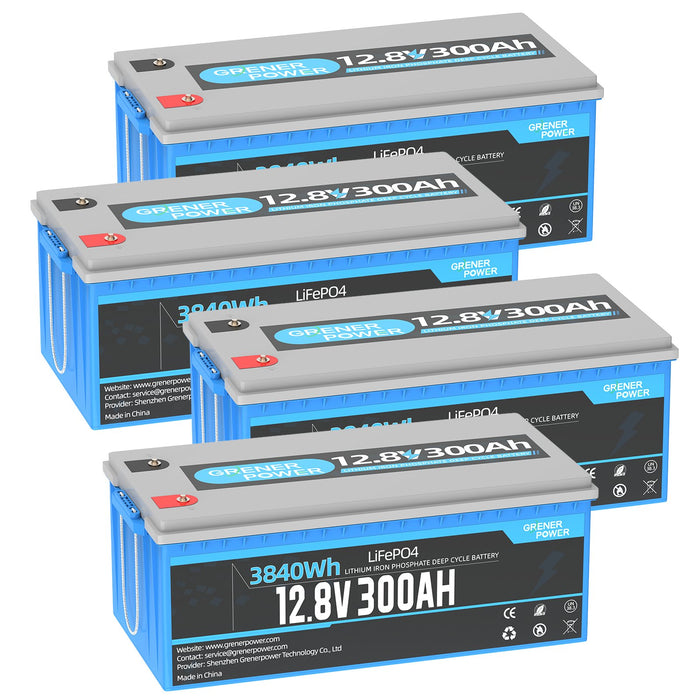 GrenerPower 12V(12.8V) 300Ah LiFePO4 Lithium Battery, Built-in 200A BMS, 3840W Load Power (1-4 Pack Series)