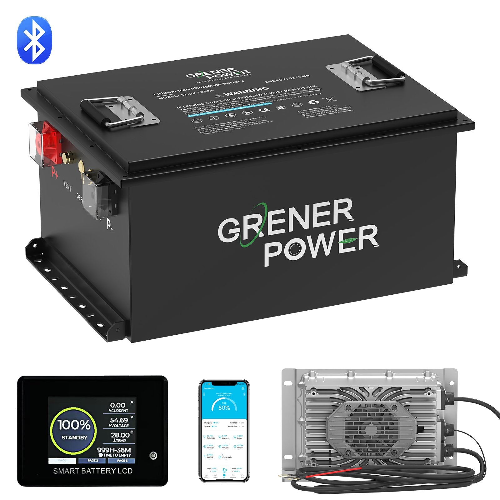 GrenerPower 48V(51.2V) 105Ah Golf Cart LiFePO4 Battery, Built-in Smart 300A BMS, with Touch Monitor & Mobile App, Max.15.36kW Power, 48V Lithium Battery with 58.4V20A LiFePO4 Charger, Perfect for Golf Carts