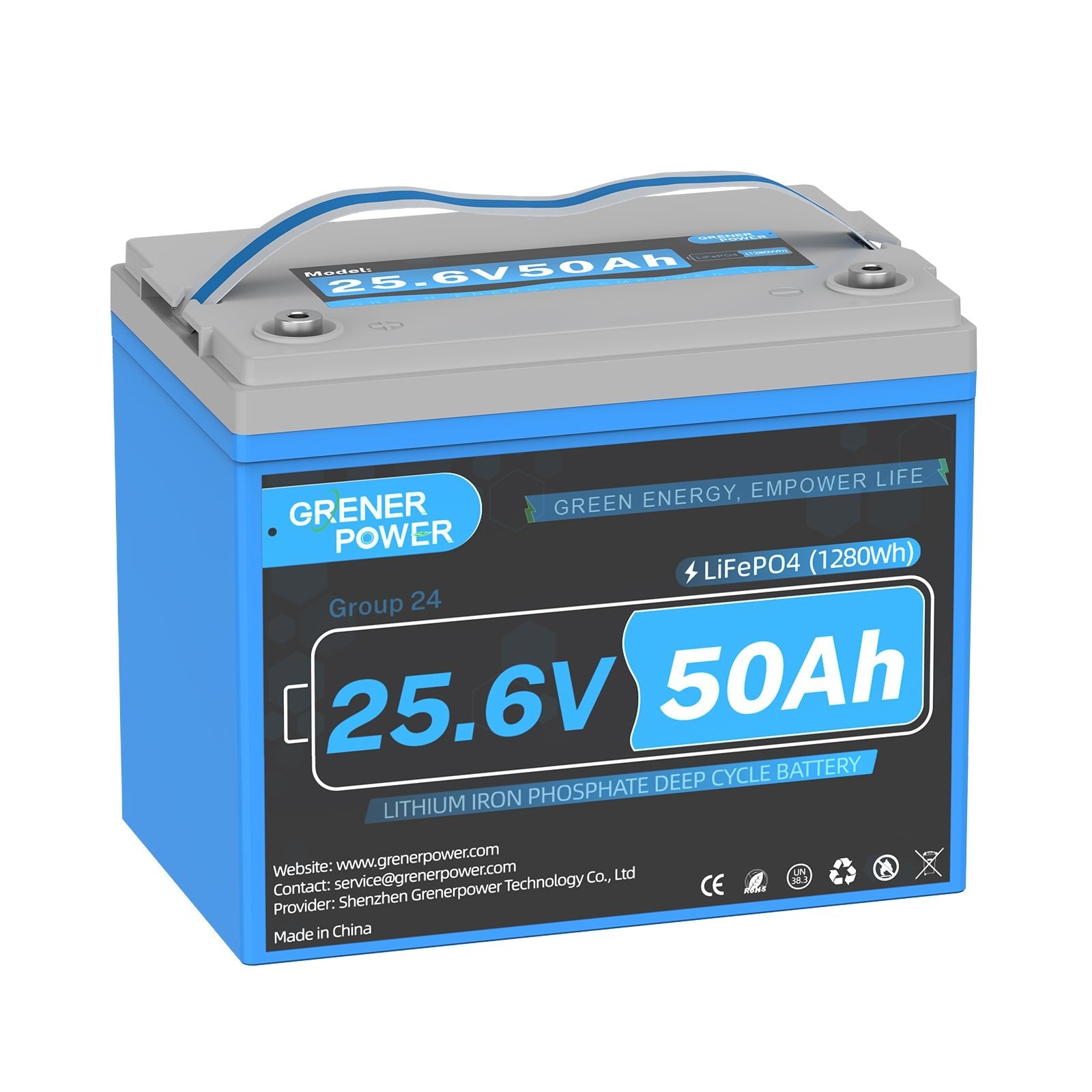 GrenerPower 24V(25.6V) 50Ah Group 24 LiFePO4 Lithium Battery, Built-in 100A BMS, 1280Wh Energy