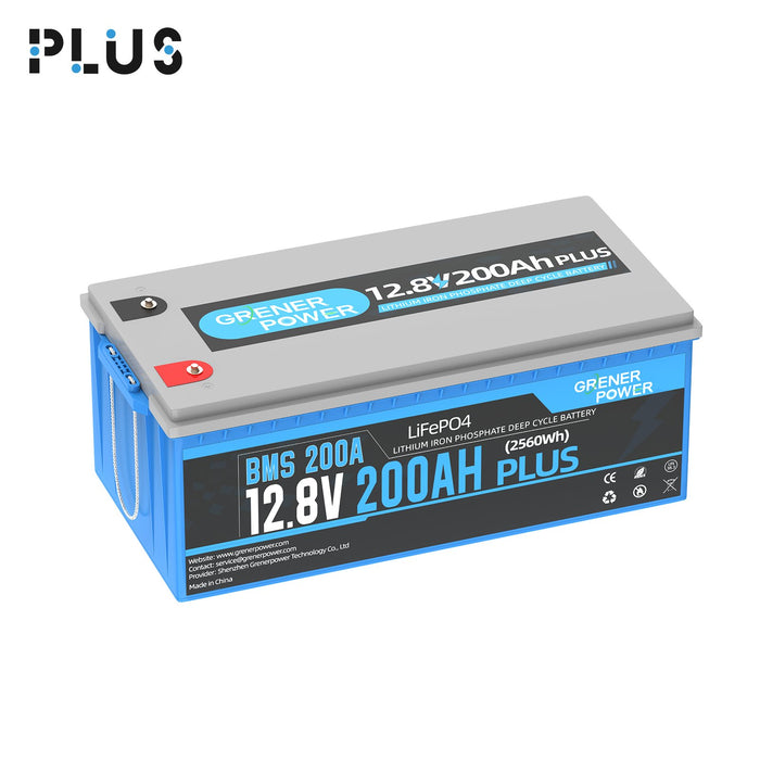 GrenerPower 12V(12.8V) 200Ah Plus LiFePO4 Lithium Battery, Built-in 200A BMS, 2560W Load Power (1-4 Pack Series)