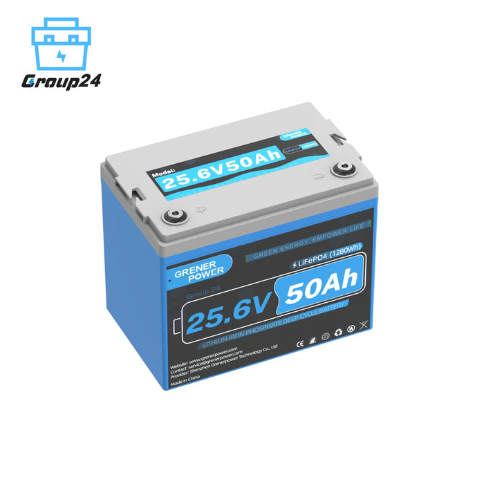 GrenerPower 24V(25.6V) 50Ah Group 24 LiFePO4 Lithium Battery, Built-in 100A BMS, 1280Wh Energy