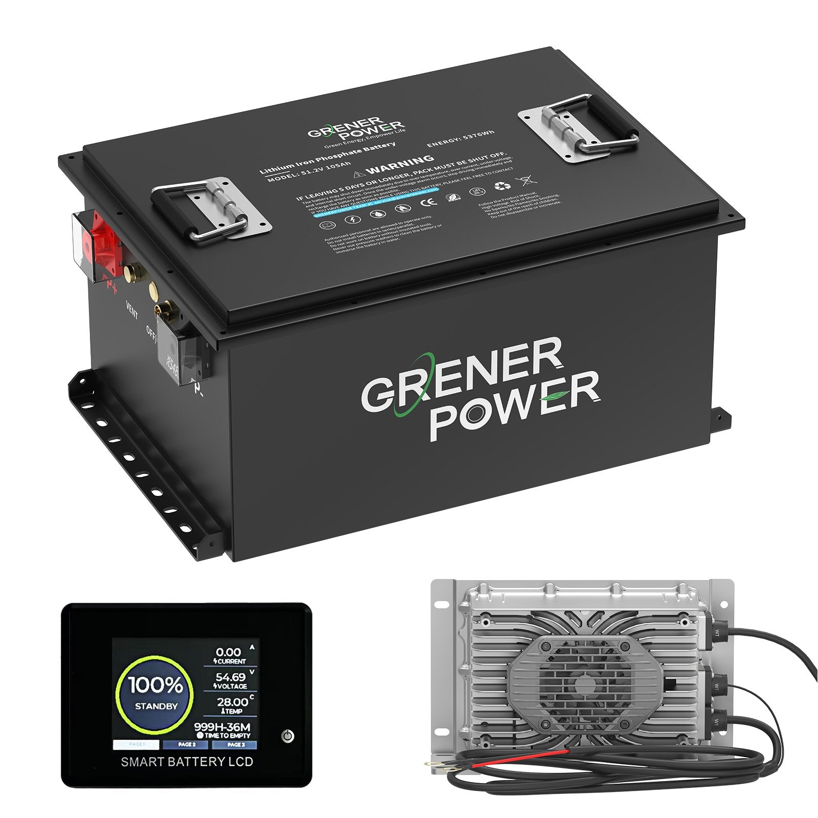 GrenerPower 48V(51.2V) 105Ah Golf Cart LiFePO4 Battery, Built-in Smart 300A BMS, with Touch Monitor & Mobile App, Max.15.36kW Power, 48V Lithium Battery with 58.4V20A LiFePO4 Charger, Perfect for Golf Carts