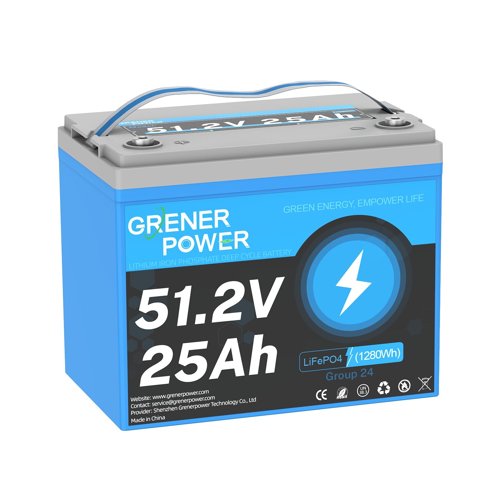 GrenerPower 48V(51.2V) 25Ah Group 24 LiFePO4 Lithium Battery, Built-in 50A BMS, 1280Wh Energy