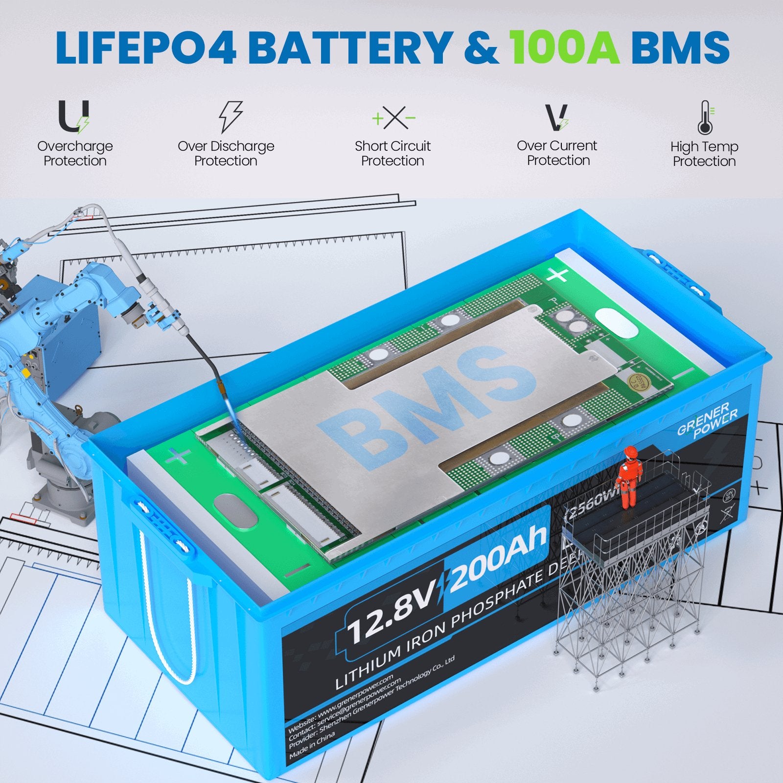 GrenerPower 12V 200Ah LiFePO4 Lithium Battery, 100A BMS, Deep Cycle Battery - GrenerPower