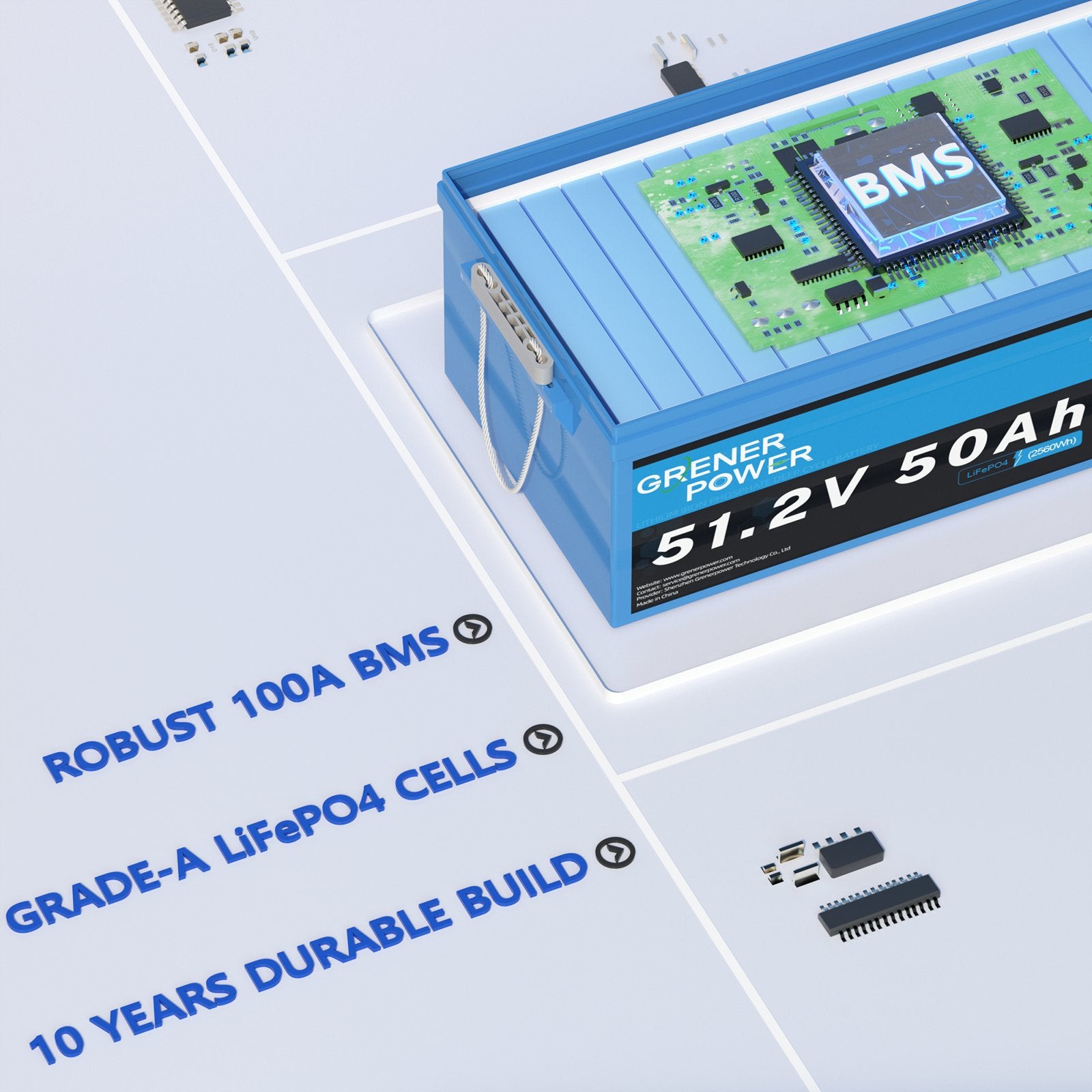 GrenerPower 48V (51.2V) 50Ah LiFePO4 Lithium Battery, 2560Wh Energy, Built-in 100A BMS