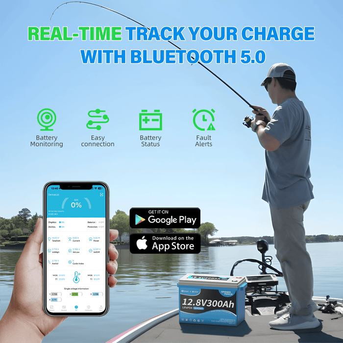 12V 300Ah LiFePO4 Battery with Bluetooth 5.0, 200A BMS, 2560W Output Power, Low-temperature Protection, 12V Lithium Battery with Up to 4P4S, for RVs, Trolling Motor, Off-Grid, Marine, Boat