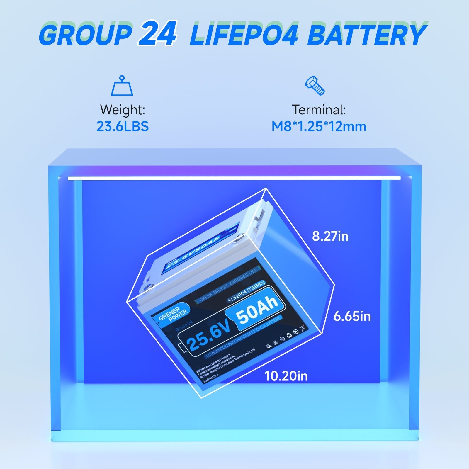 GrenerPower 24V(25.6V) 50Ah Group 24 LiFePO4 Lithium Battery, Built-in 100A BMS, 1280Wh Energy