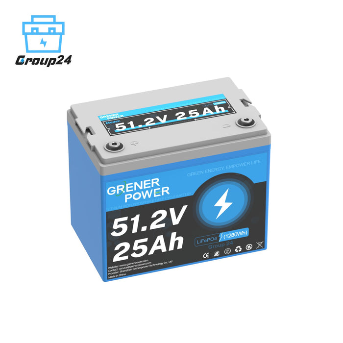 GrenerPower 48V(51.2V) 25Ah Group 24 LiFePO4 Lithium Battery, Built-in 50A BMS, 1280Wh Energy