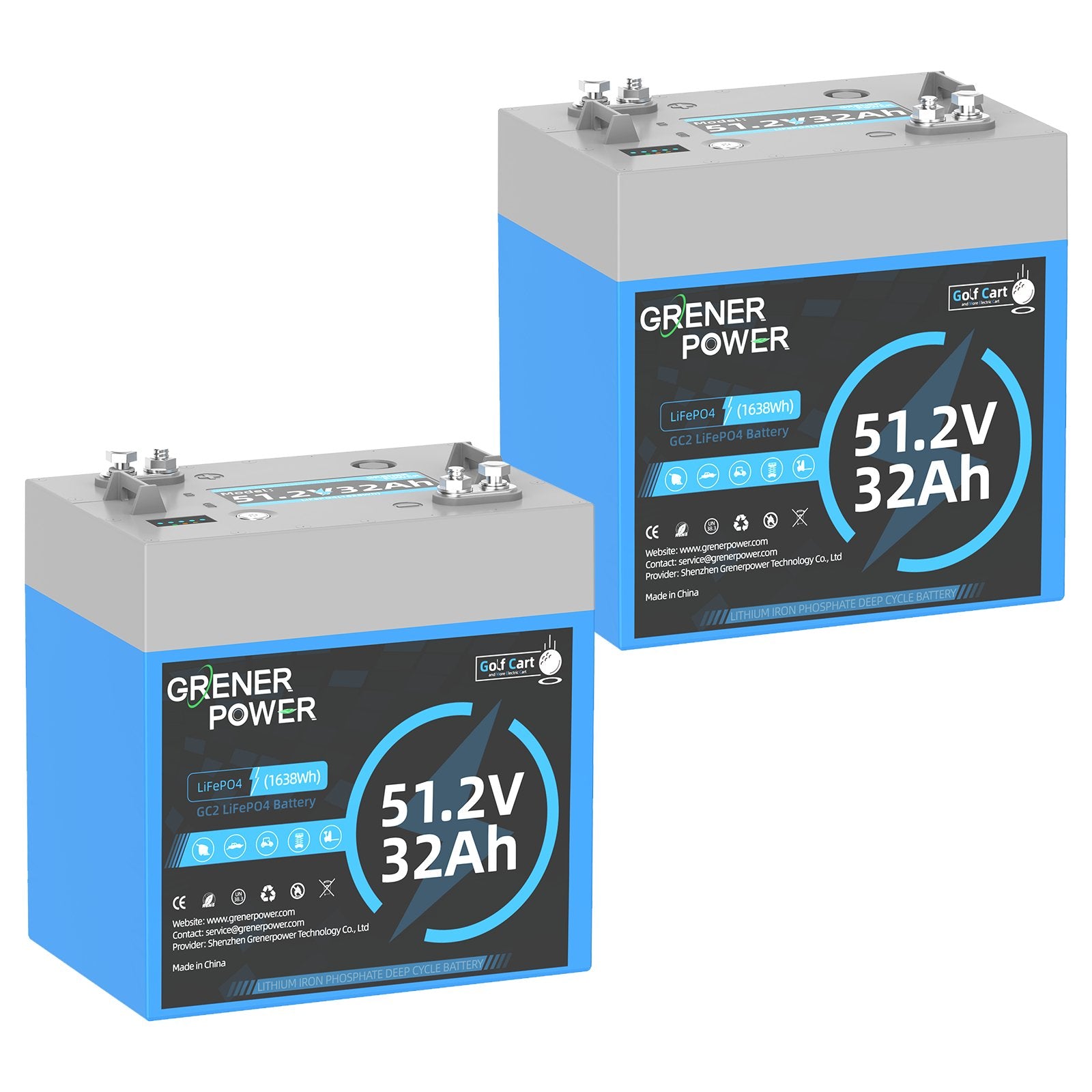 GrenerPower 48V (51.2V) 32Ah Golf Carts LiFePO4 Battery, 60A BMS, 1638.4Wh Energy (2 Packs)