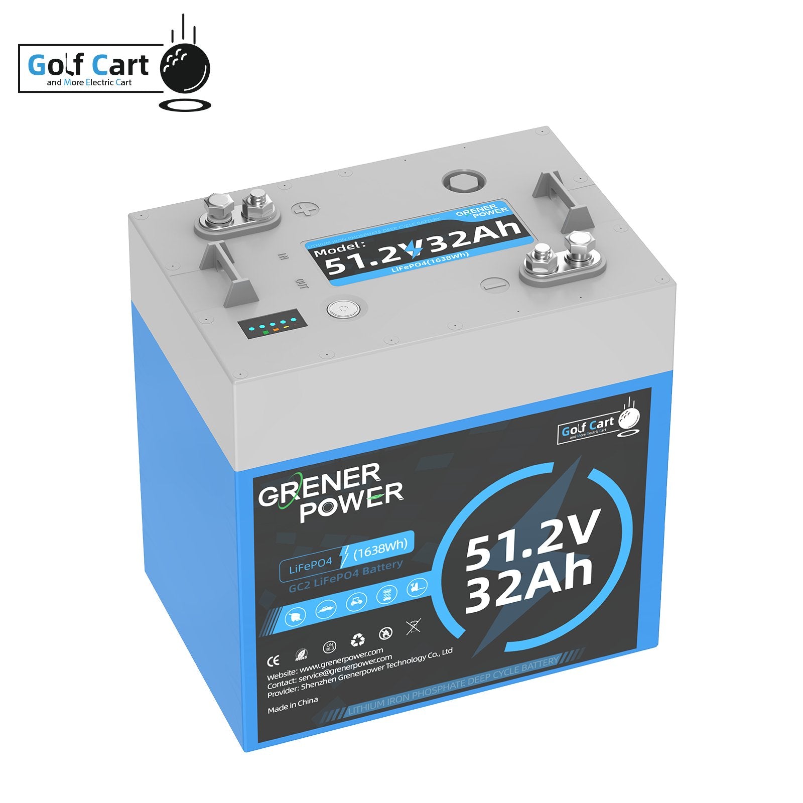 GrenerPower 48V (51.2V) 32Ah Golf Carts LiFePO4 Battery, 60A BMS, 1638.4Wh Energy