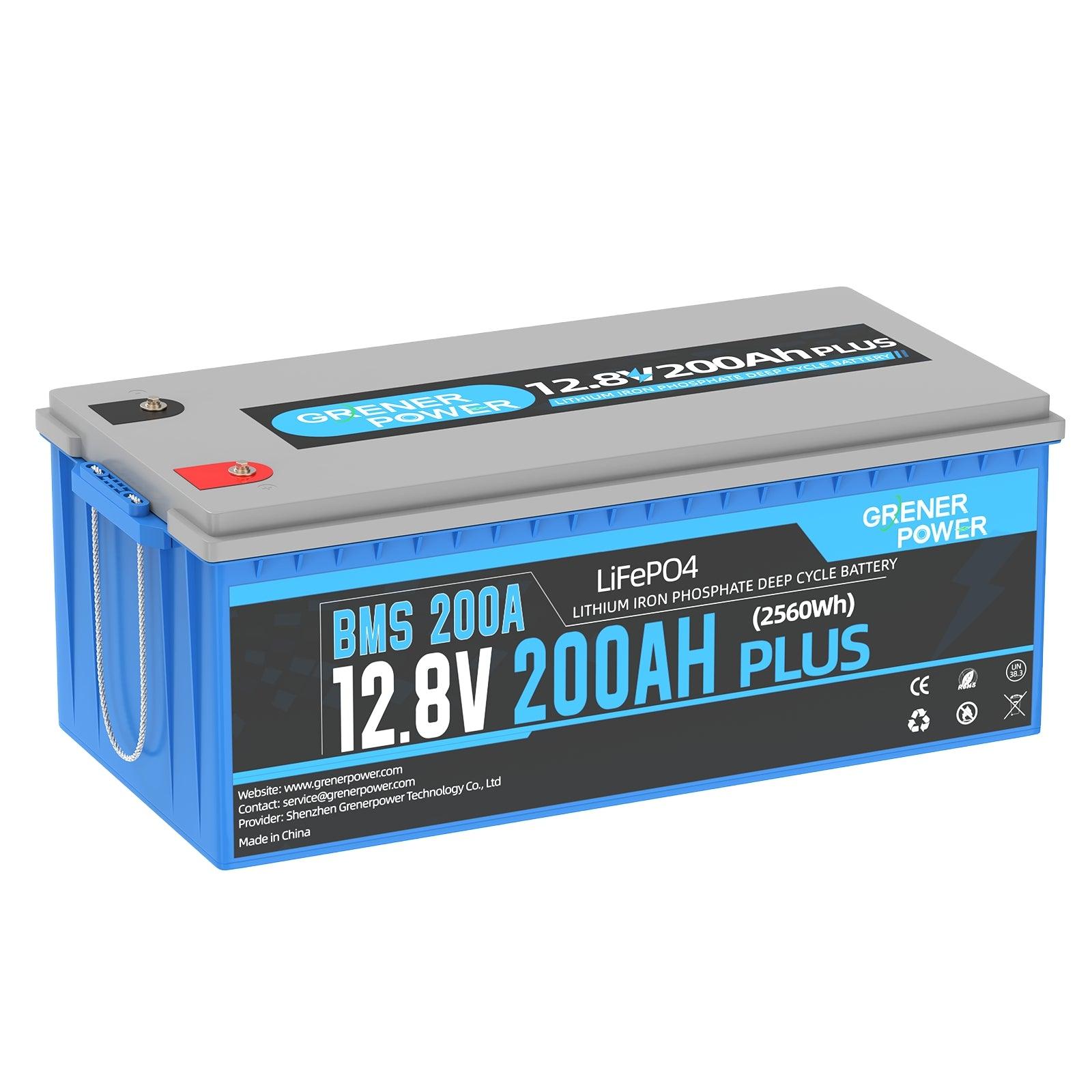 GrenerPower 12V 200Ah Plus LiFePO4 Lithium Battery, Built-in 200A BMS, 2560W Load Power - GrenerPower