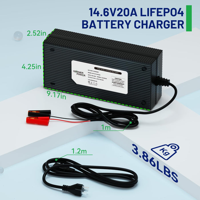 GrenerPower 12V 20A LiFePO4 Battery Charger, 14.6V 20A LiFePO4 Battery Charger with LED Indicator, Fast Charging Lithium Charger, Special for 12V (12.8V) Lithium LiFePO4 Deep Cycle Batteries of Boat, RV.