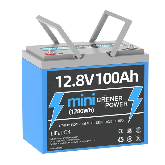 GrenerPower 12V(12.8V) 100Ah Mini LiFePO4 Lithium Battery, Upgraded 100A BMS, Max. 1280Wh Energy (1-4 Pack Series)